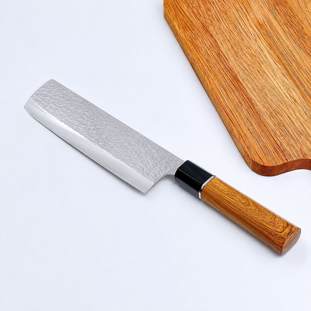 Japanese Hammered Forged Stainless Steel Kitchen Knife - Wooden Handle Meat & Vegetable Slicing Knife, Multi-Purpose Home Cooking Blade