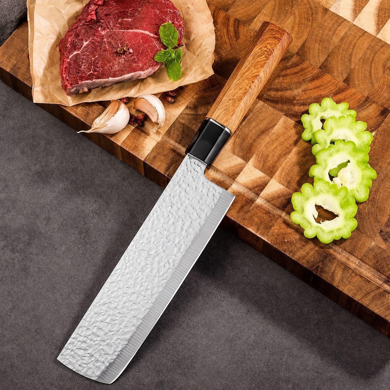 Japanese Hammered Forged Stainless Steel Kitchen Knife - Wooden Handle Meat & Vegetable Slicing Knife, Multi-Purpose Home Cooking Blade